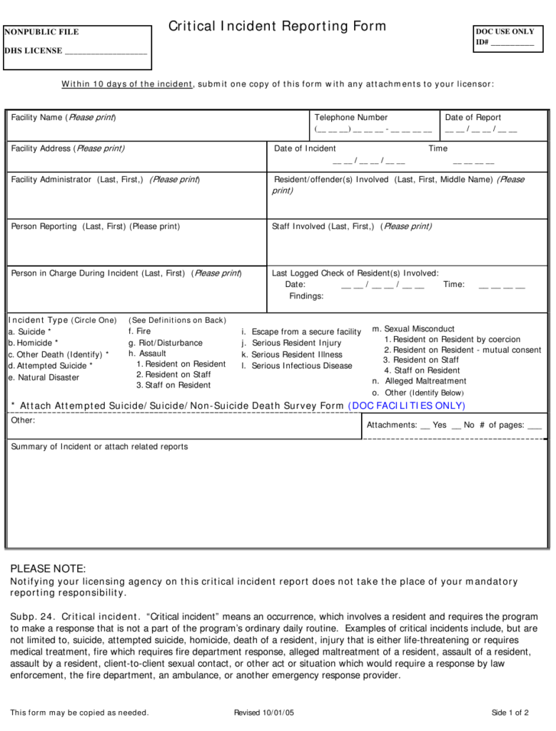 Minnesota Critical Incident Reporting Form Download Printable PDF 
