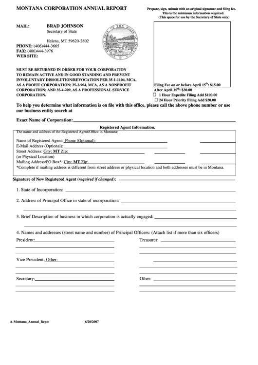 Montana Corporation Annual Report Form Printable Pdf Download