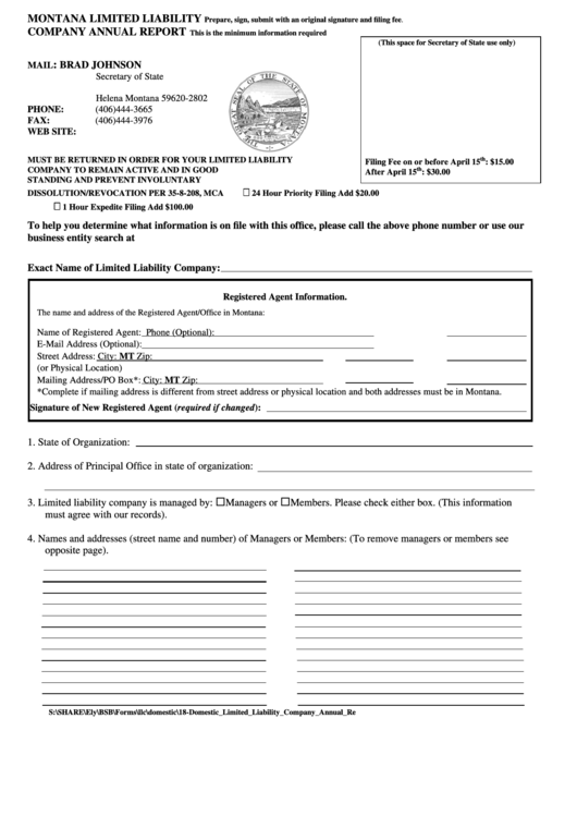 Montana Limited Liability Company Annual Report Form Printable Pdf Download
