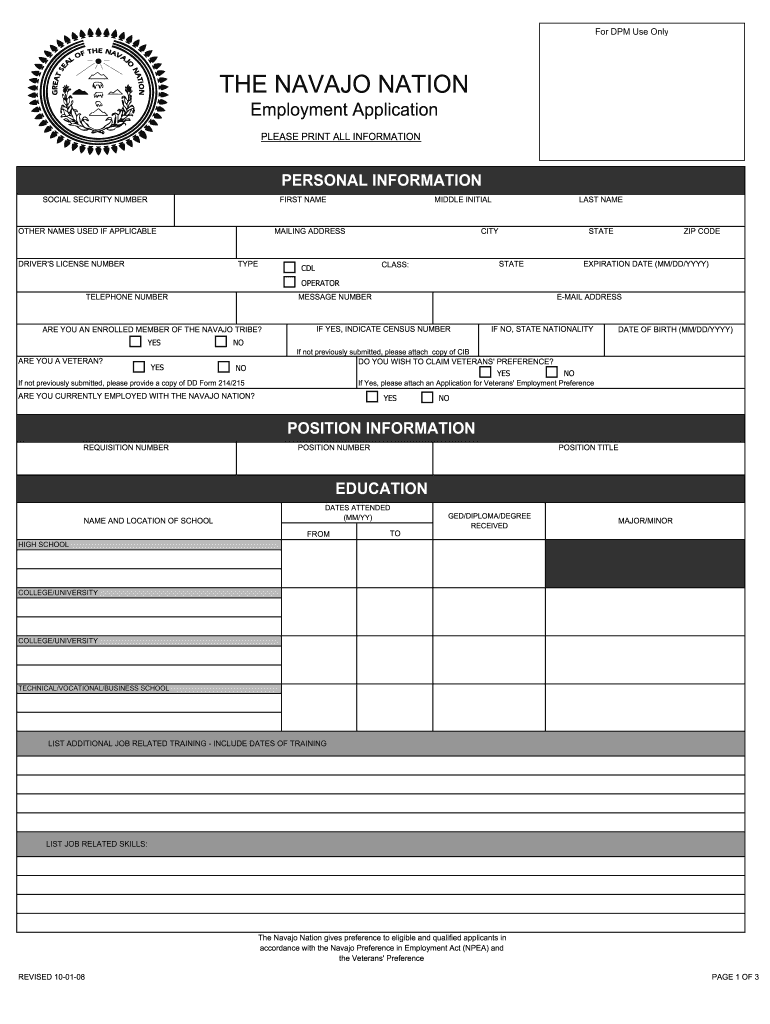 Navajo Nation Employment Fill Online Printable Fillable Blank 