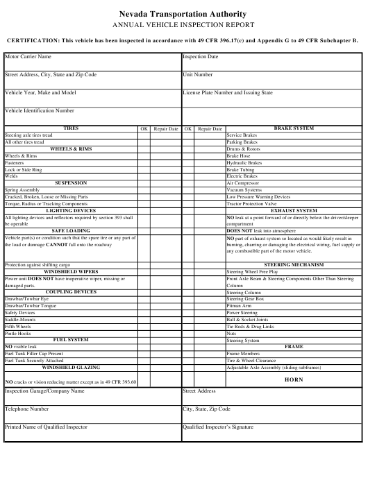 Nevada Annual Vehicle Inspection Report Download Printable PDF 