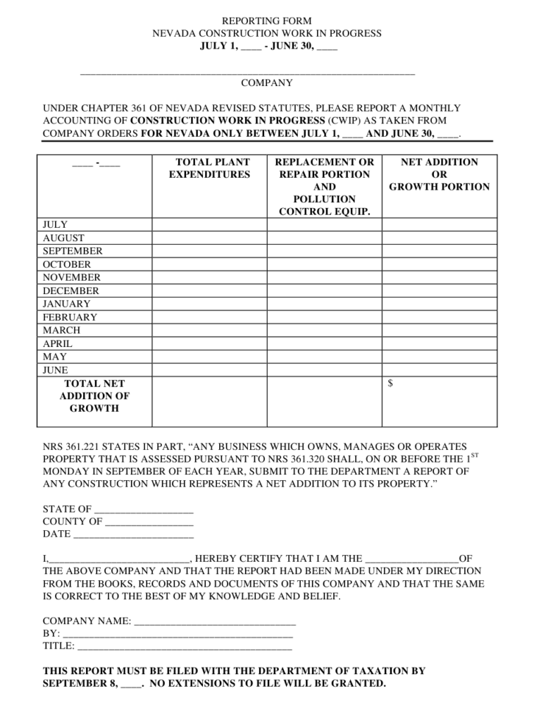 Nevada Reporting Form Nevada Construction Work In Progress Download 