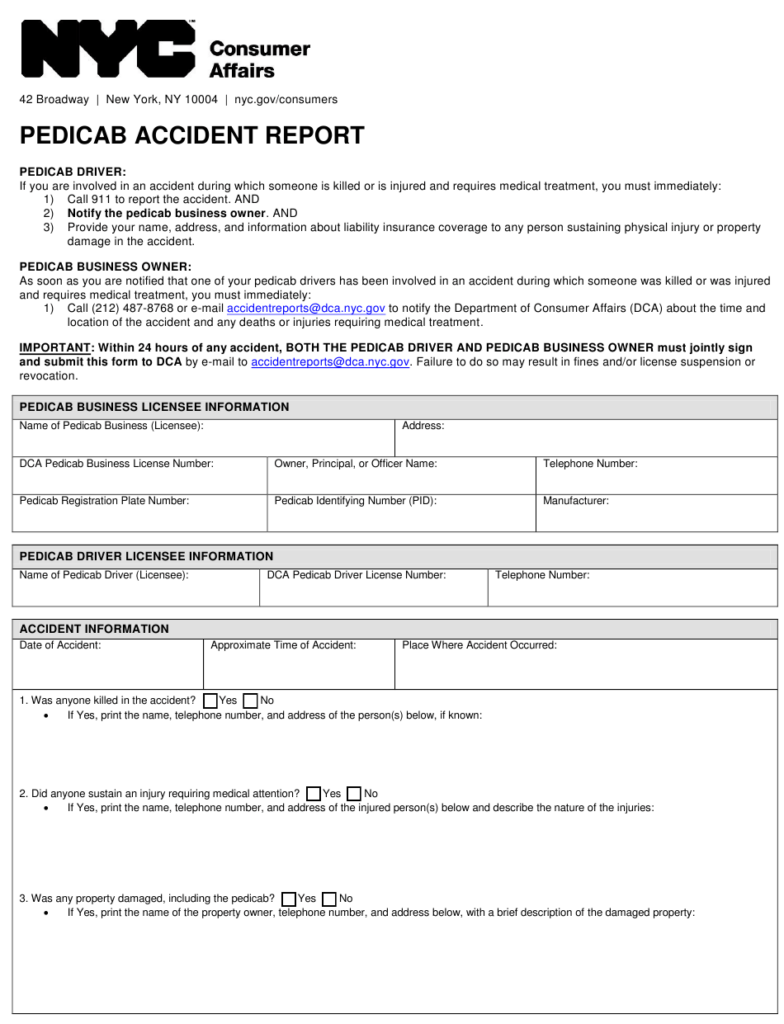 New York City Pedicab Accident Report Download Fillable PDF 