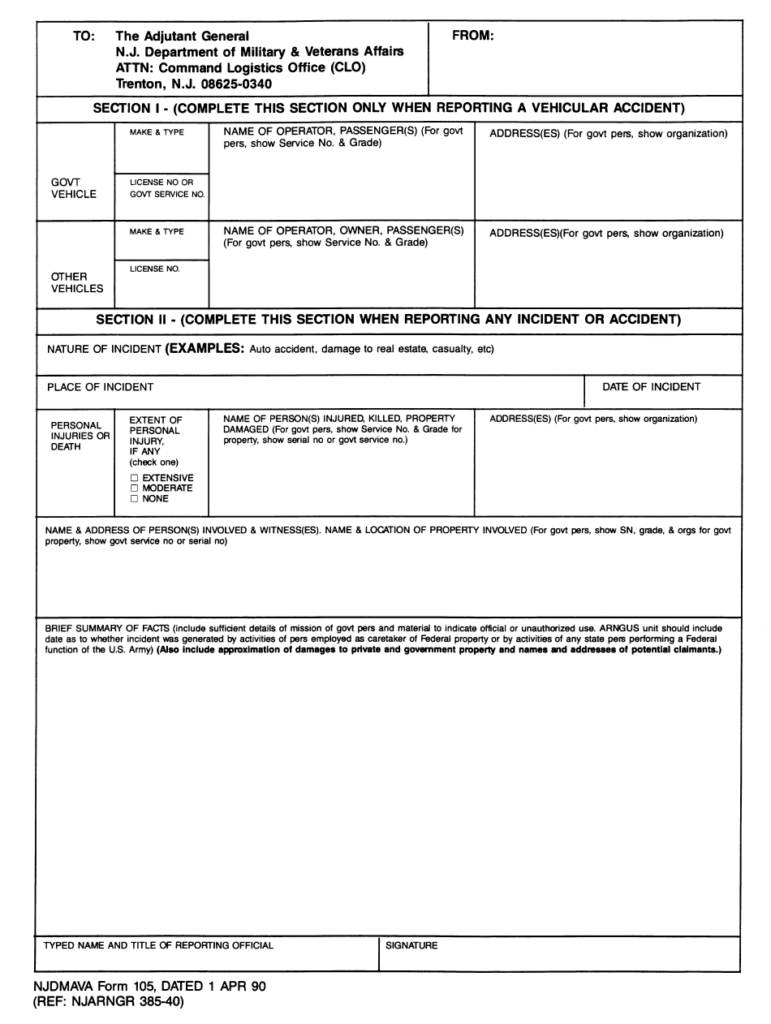 NJDMAVA Form 105 Download Fillable PDF Or Fill Online Accident Report 