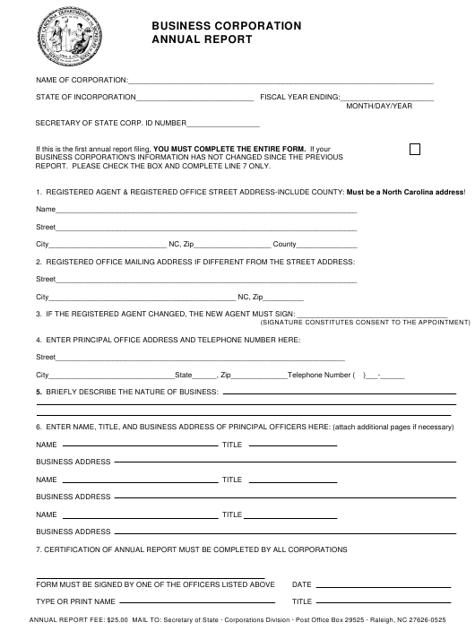 North Carolina Business Corporation Annual Report Form Download 