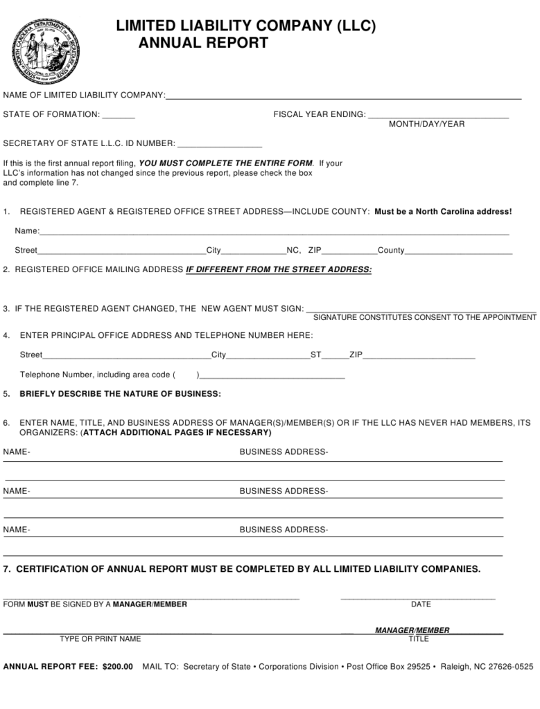 North Carolina Limited Liability Company Annual Report Form Download 