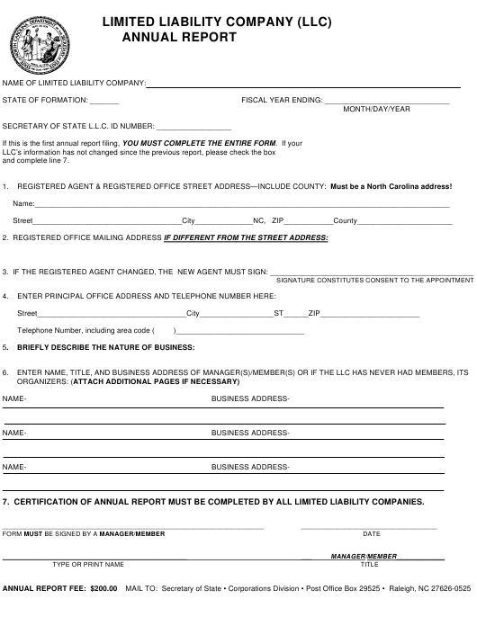 North Carolina Limited Liability Company Annual Report Form Download 