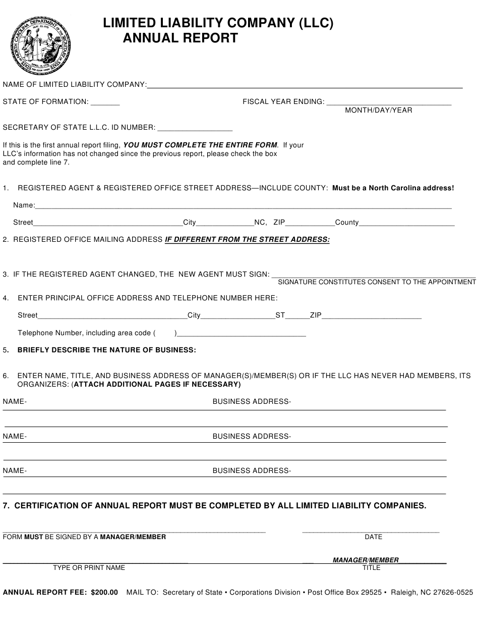 North Carolina Limited Liability Company Annual Report Form Download 