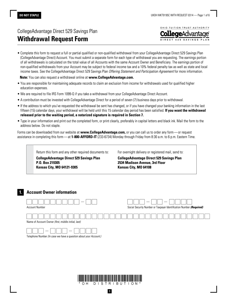 OH CollegeAdvantage Withdrawal Request Form 2014 Fill And Sign