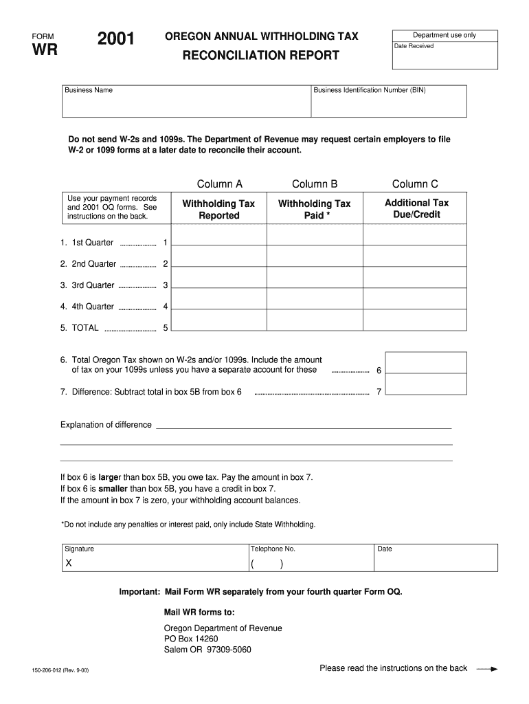 Form Wr Oregon Annual Withholding Tax Reconciliation Report Printable