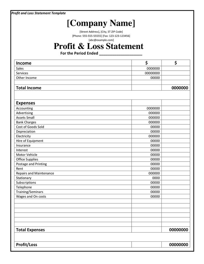 Profit And Loss Statement Template DOC PDF Page 1 Of 1 DV6bNfTx 