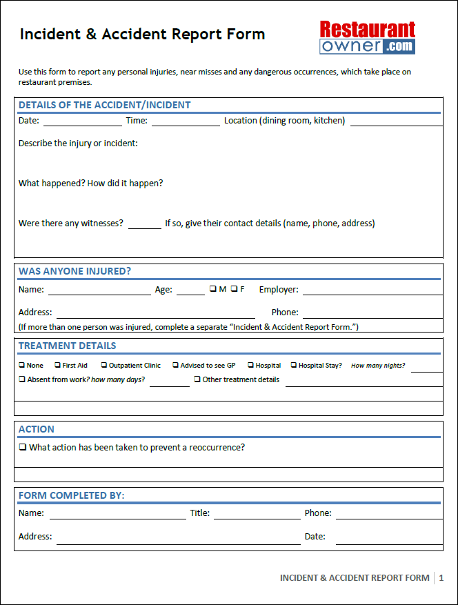 Restaurant Owner Accident Report Form Df67b35a ResumeSample ResumeFor 