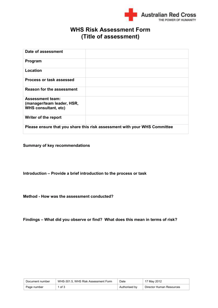 Risk Assessment Form Australian Red Cross