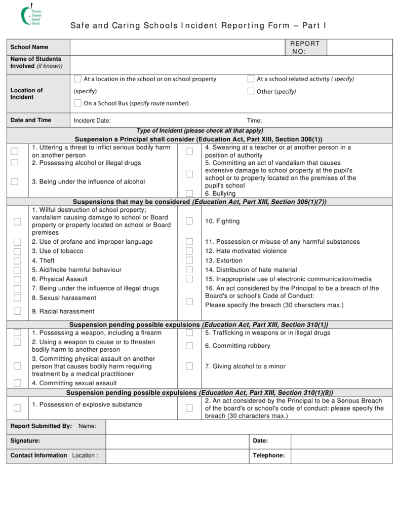 Safe And Caring Schools Incident Reporting Form Toronto District 