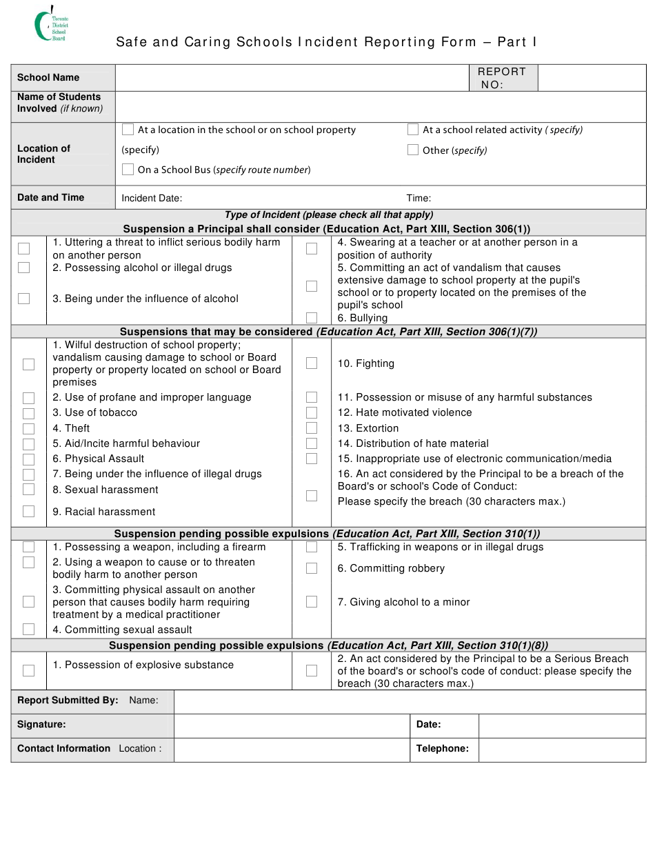 Safe And Caring Schools Incident Reporting Form Toronto District