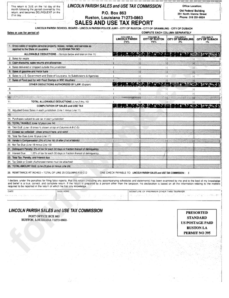 Sales And Use Tax Report Form Sales And Use Tax Comission Ruston 