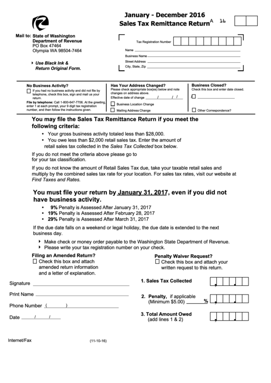 Sales Tax Remittance Return Form State Of Washington Department Of 