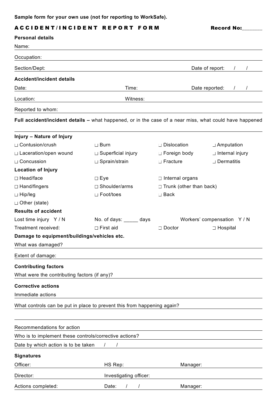 Sample Accident Incident Report Form Download Printable PDF 