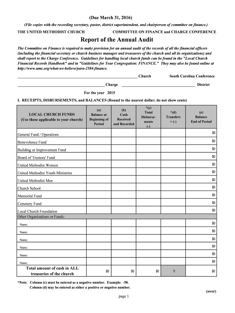 SC United Methodist Church Report Of The Annual Audit 2015 Fill And 