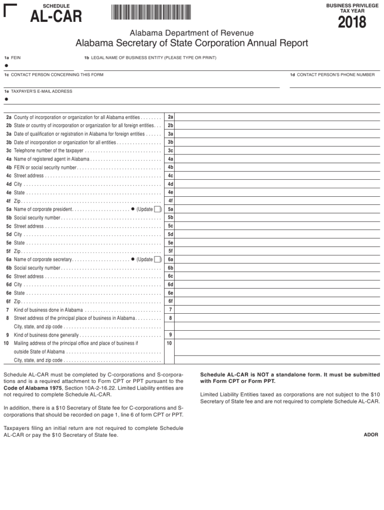 Schedule AL CAR Download Printable PDF Or Fill Online Alabama Secretary 