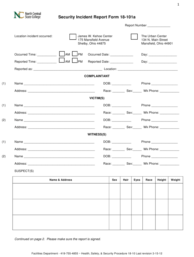 Security Incident Report Form North Central State College Download 