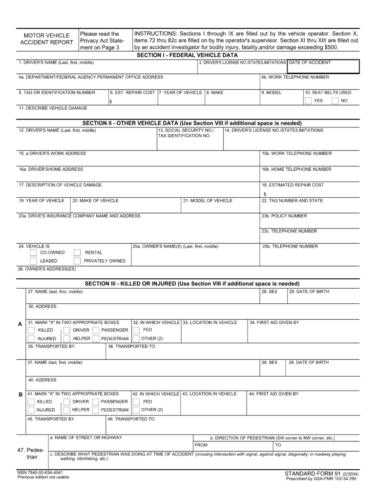 Sf 91 Accident Report Fill Online Printable Fillable Blank PDFfiller