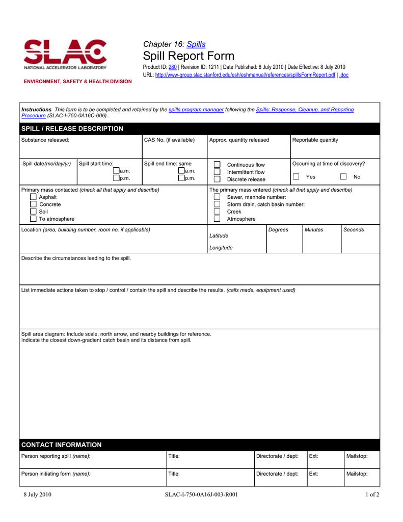 Spill Report Form Spills