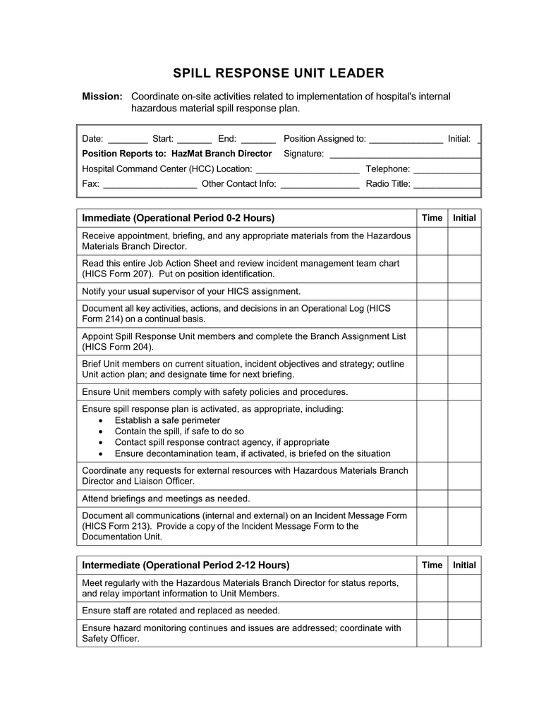 SPILL RESPONSE UNIT LEADER Mission Hazardous Material Spill Response Plan 