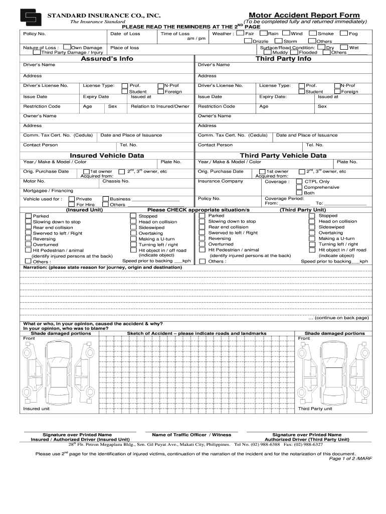 Standard Insurance Motor Accident Report Form Fill Online Printable