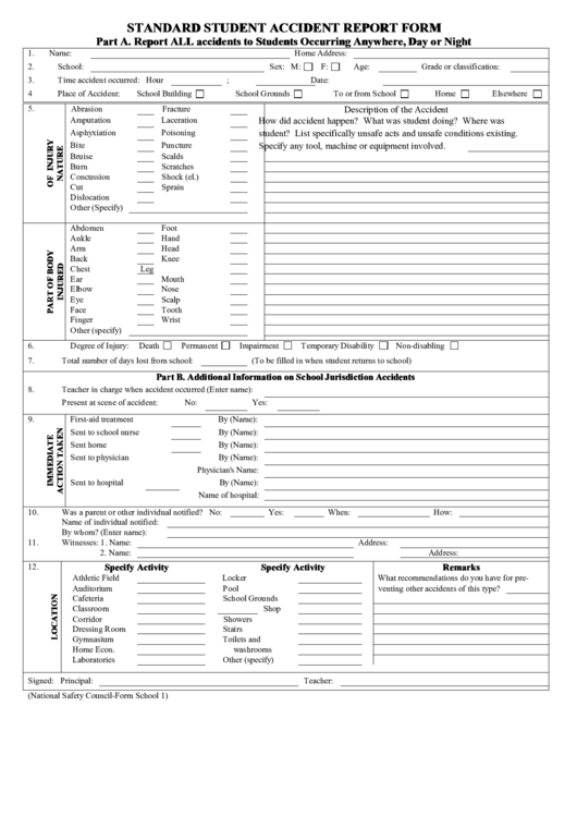 Standard Student Accident Report Form Printable Pdf Download