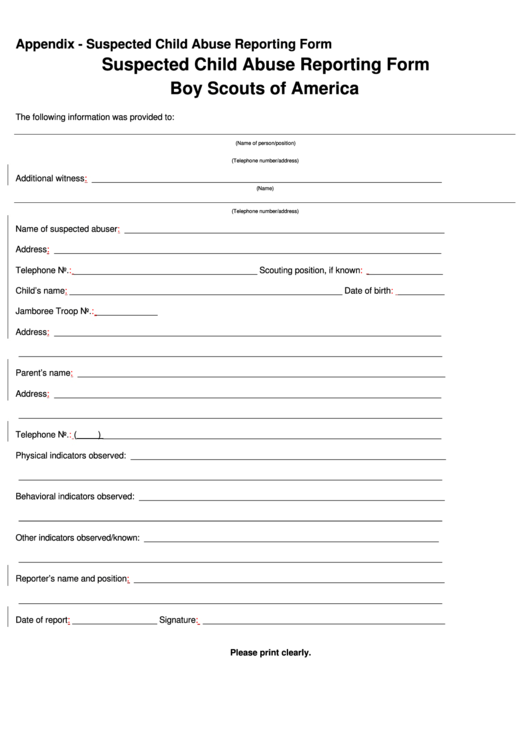 Suspected Child Abuse Reporting Form Boy Scouts Of America Printable 