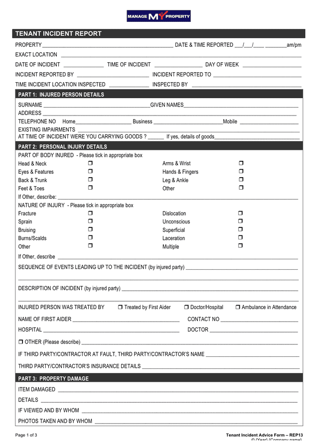 Tenant Incident Advice Form In Word And Pdf Formats - ReportForm.net