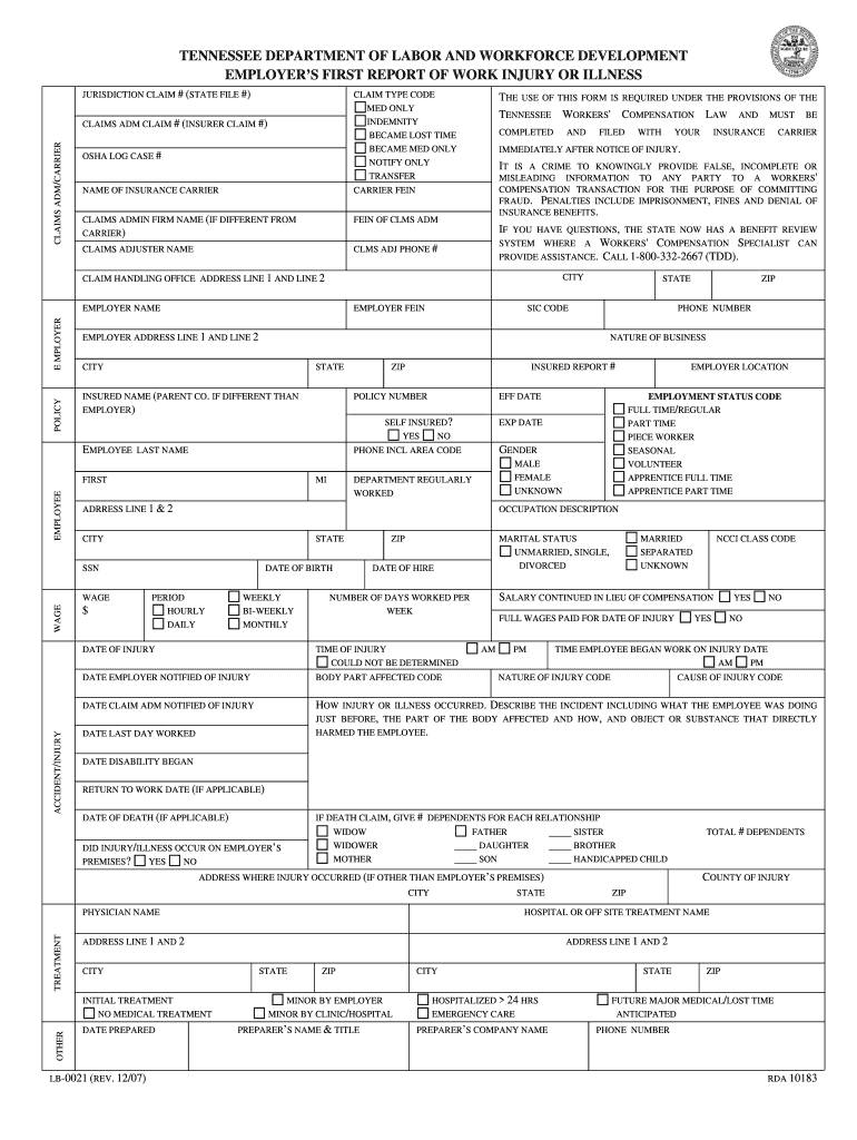 Tennessee First Report Of Injury Form Fill Online Printable 