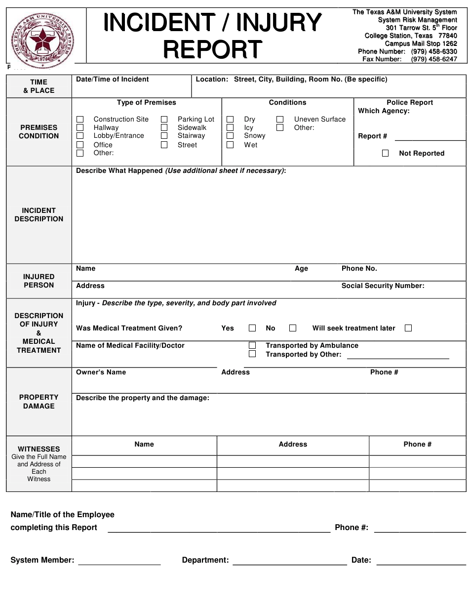 Texas Incident Injury Report The Texas A m University System 