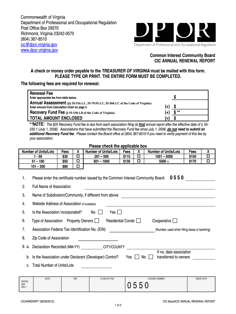 VA DPOR CIC Annual Renewal Report 2012 Fill And Sign Printable 