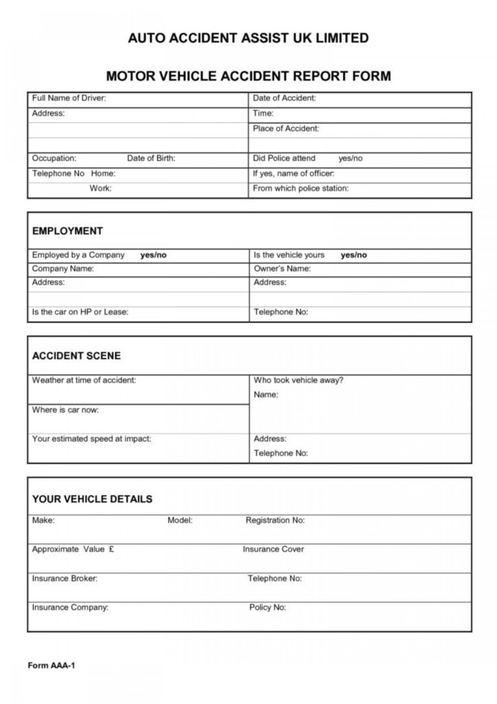 Vehicle Accident Report Form Template Addictionary