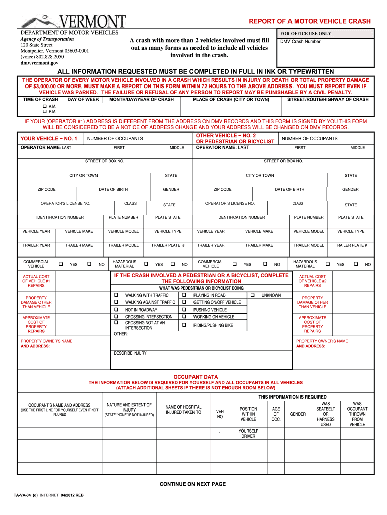 Vermont Accident Report Fill Online Printable Fillable Blank