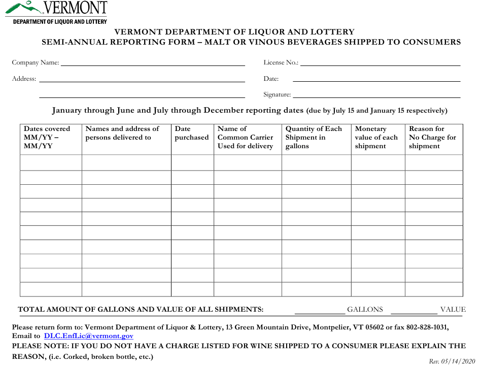 Vermont Semi annual Reporting Form Malt Or Vinous Beverages Shipped