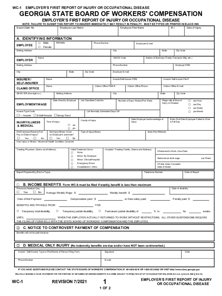 WC 1 EMPLOYERS FIRST REPORT OF INJURY OR OCCUPATIONAL Fill And 