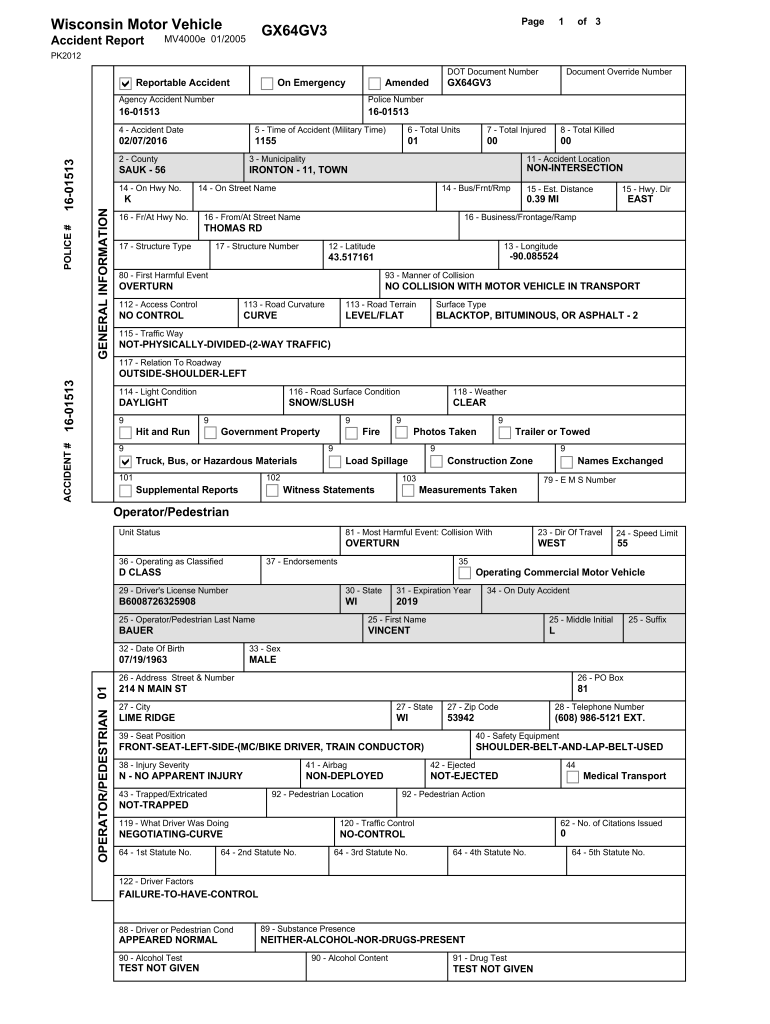 Wisconsin Motor Vehicle Accident Report Page GX64GV3 MV4000e 01 2005 1