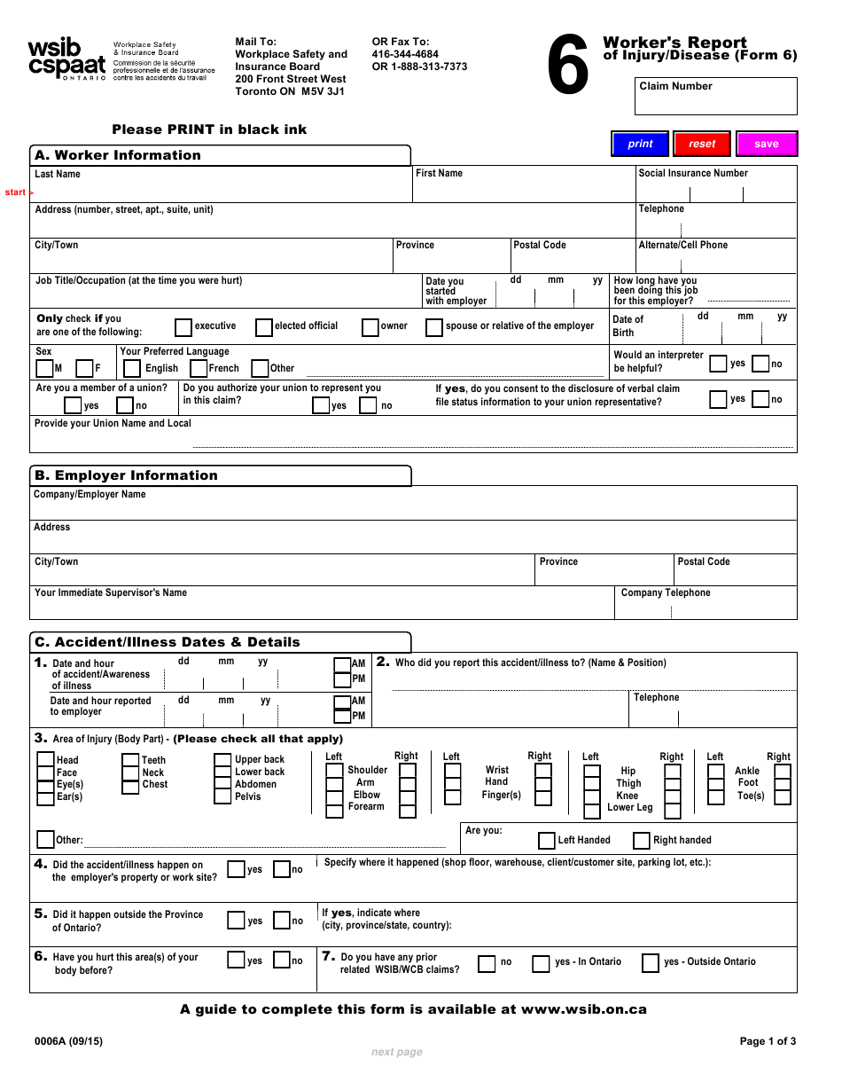 WSIB Form 6 Download Fillable PDF Or Fill Online Worker s Report Of 