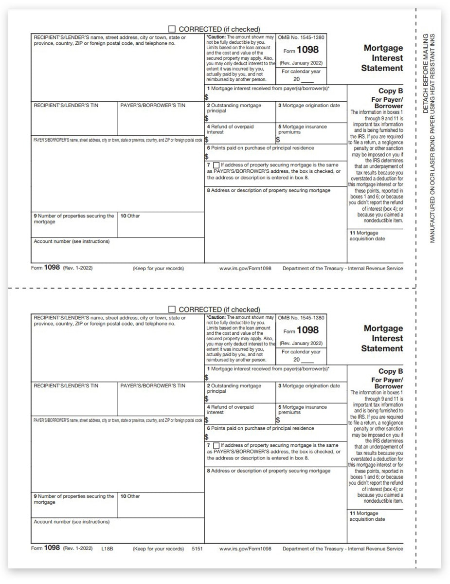 1098 Tax Form For Mortgage Interest Payer Copy B DiscountTaxForms