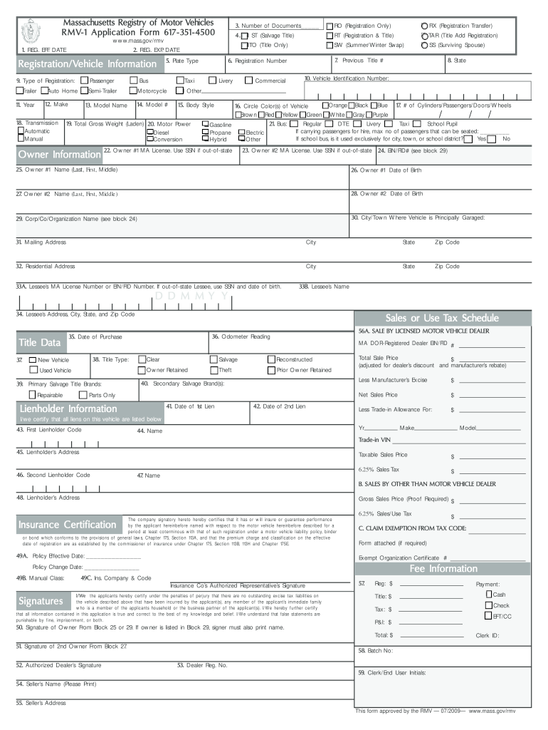 2009 Form MA RMV 1 Fill Online Printable Fillable Blank PdfFiller