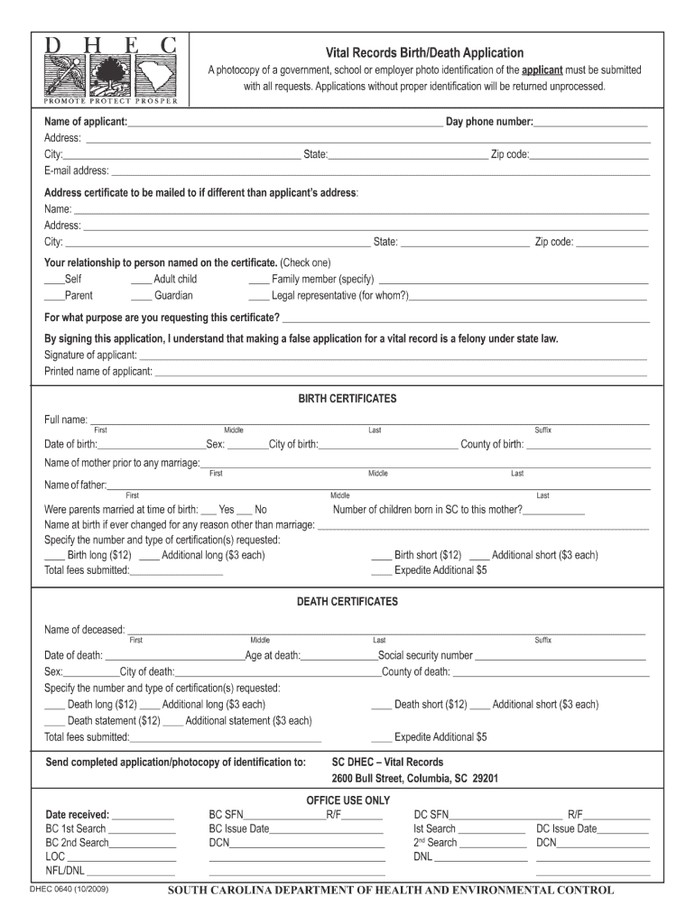 2009 Form SC DHEC 0640 Fill Online Printable Fillable Blank PdfFiller