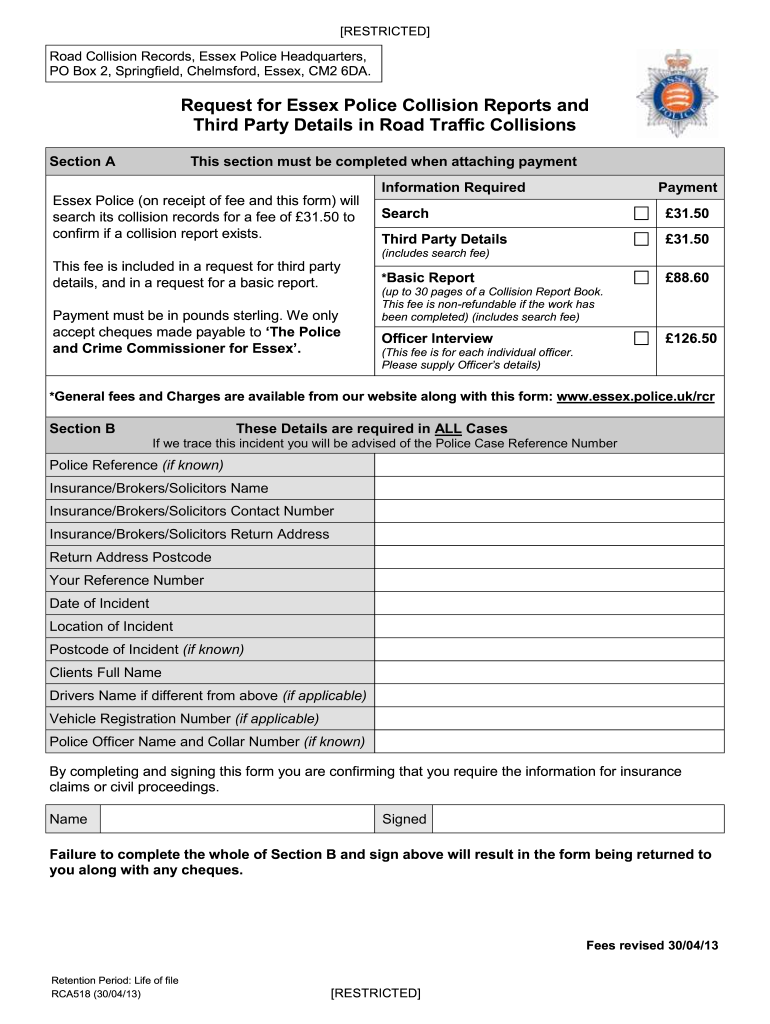2013 2023 Form UK Essex Police RCA518 Fill Online Printable Fillable