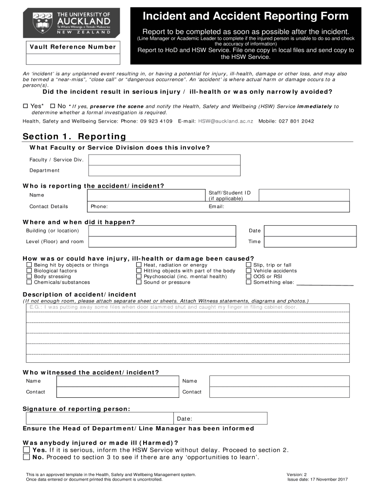 2017 NZ University Of Auckland Incident And Accident Reporting Form 