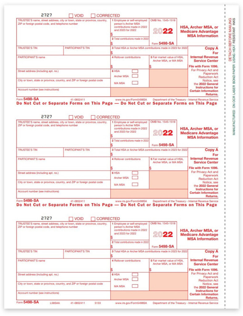 5498SA Tax Forms IRS Copy A For HSA MSA DiscountTaxForms