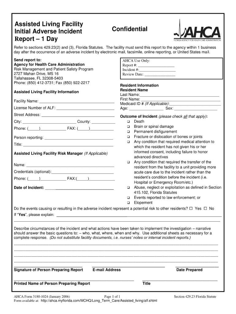 Ahca 15 Day Adverse Incident Report Form Fill And Sign Printable 