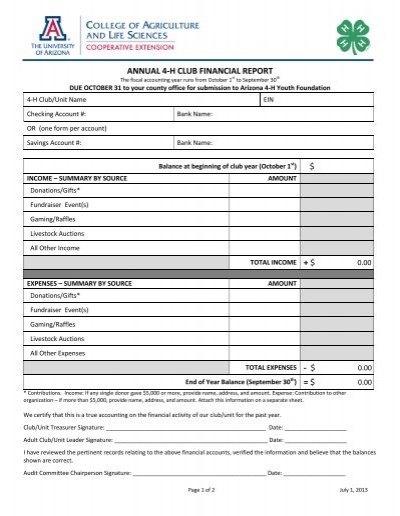 Annual 4 H Club Financial Report Form
