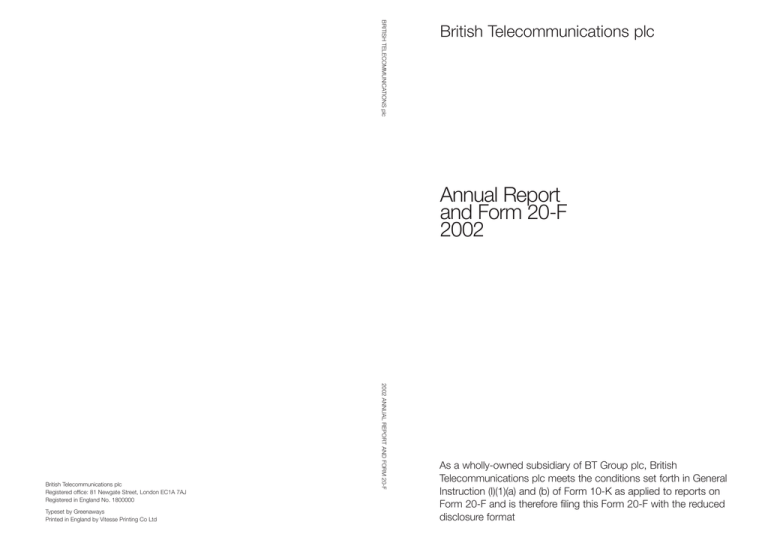Annual Report And Form 20 F 2002 British Telecommunications Plc